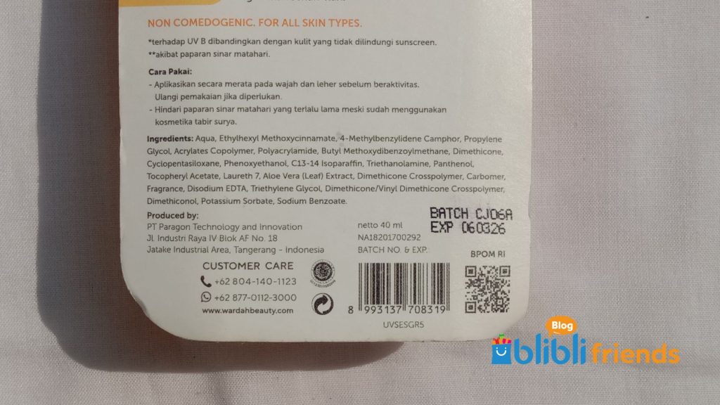 Ingredients on sale sunscreen wardah